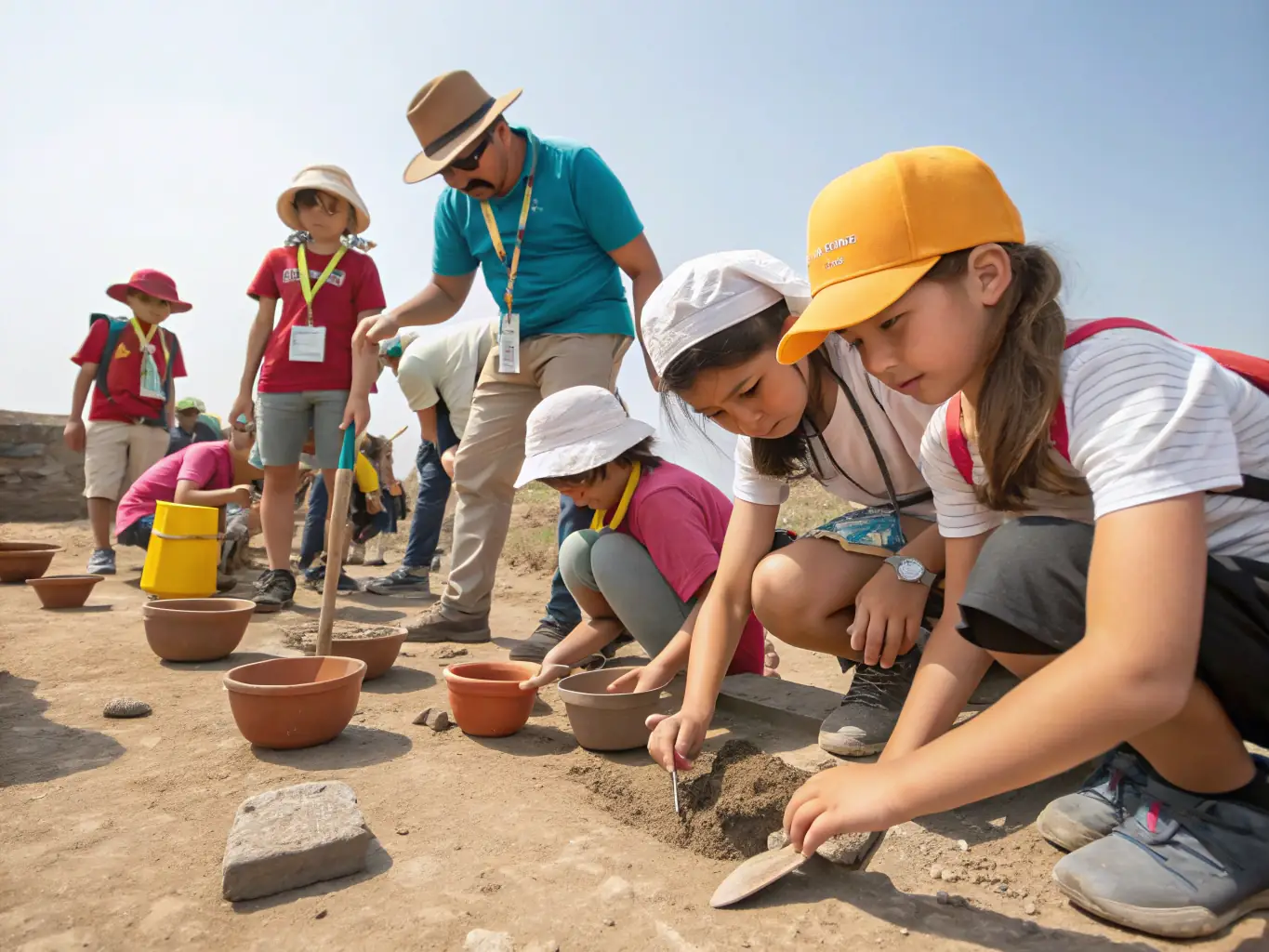 Children and adults participating in a hands-on archaeological excavation workshop outdoors, engaging with history directly.