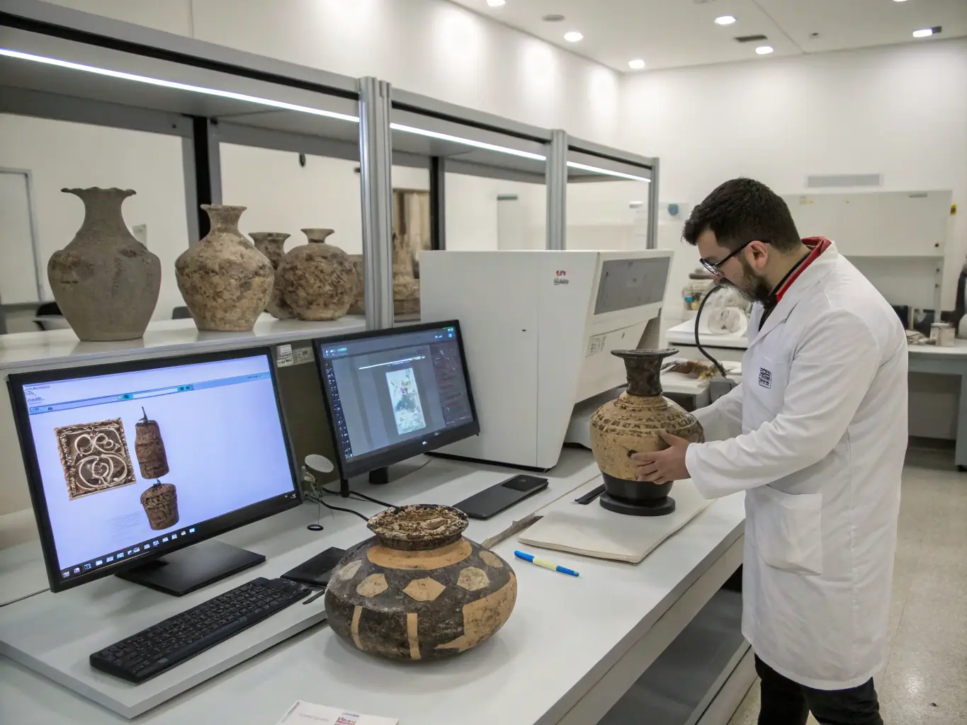A classroom setting with an archaeologist leading a workshop on ancient pottery reconstruction techniques.