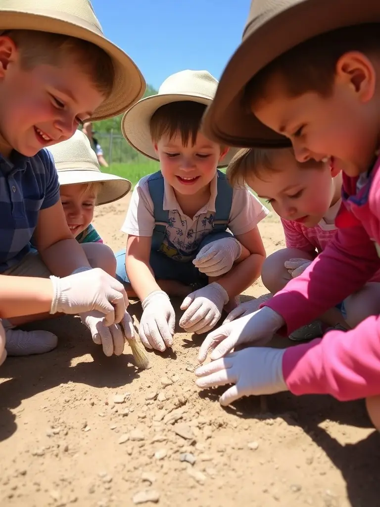 A photograph of children participating in an archaeological dig at a local site, supervised by ASSA ASS SAUVE MISE VALEUR SITE ARCHEOLOGIQUE staff, showcasing hands-on learning.