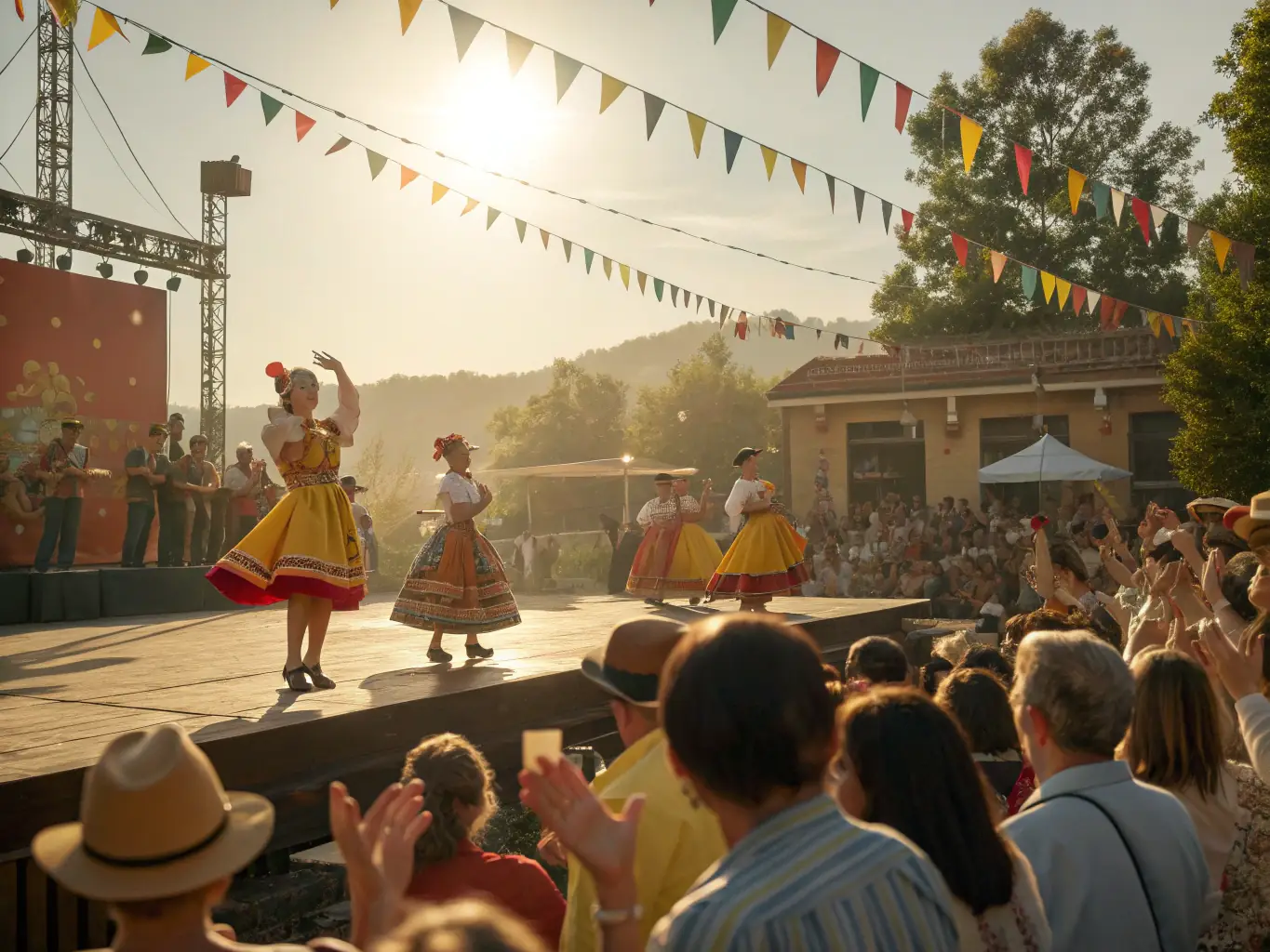 A lively outdoor cultural festival with traditional music, dance, and storytelling around archaeological themes.