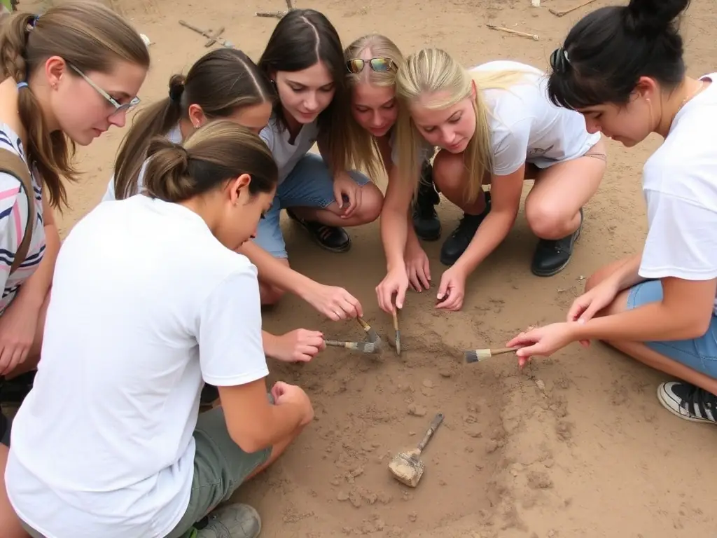 A group of volunteers carefully excavating an archaeological site, uncovering artifacts and documenting their findings.