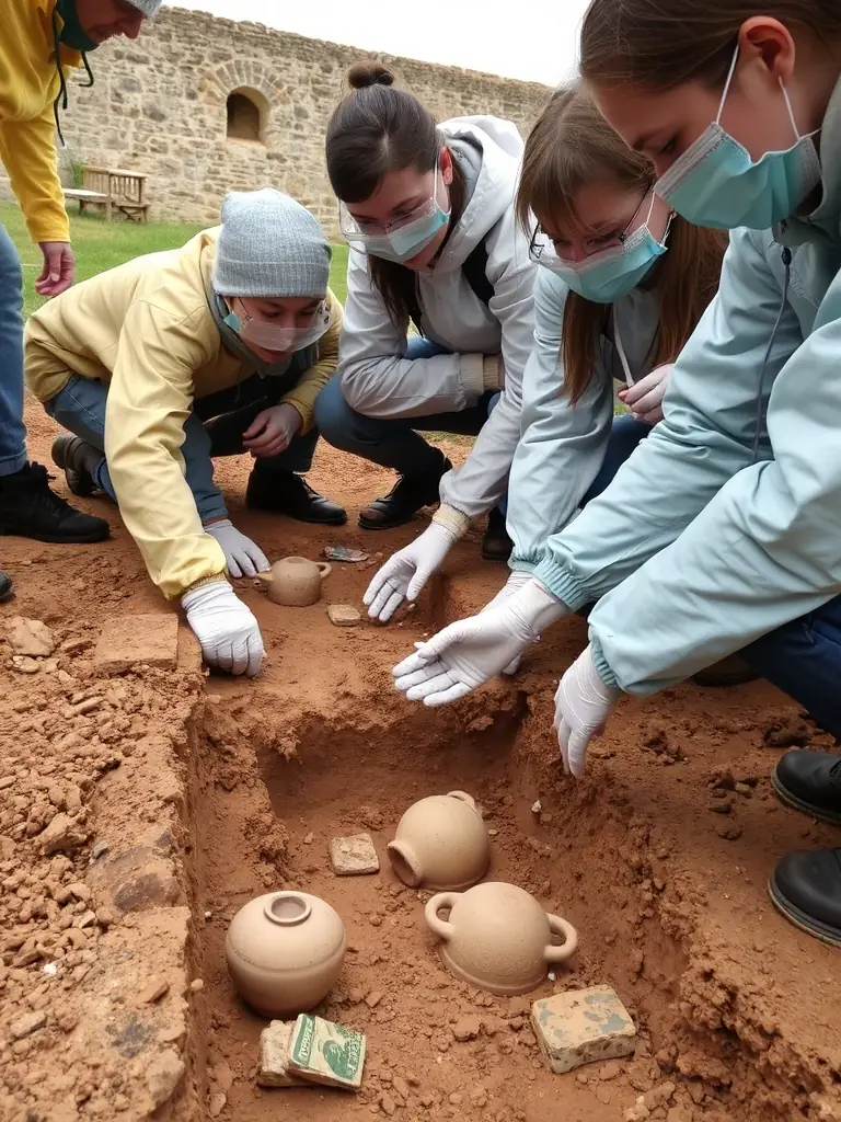 A group of students participating in an educational workshop at an archaeological site, learning about ancient pottery and its historical context. The instructor is demonstrating pottery reconstruction techniques. This image represents the educational outreach of ASSA.