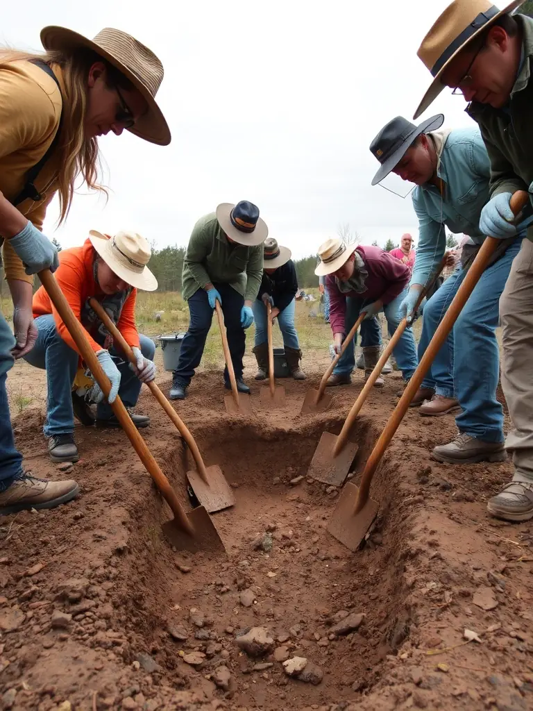 A photograph of volunteers working on the restoration of an archaeological site, organized by ASSA ASS SAUVE MISE VALEUR SITE ARCHEOLOGIQUE, demonstrating community involvement.