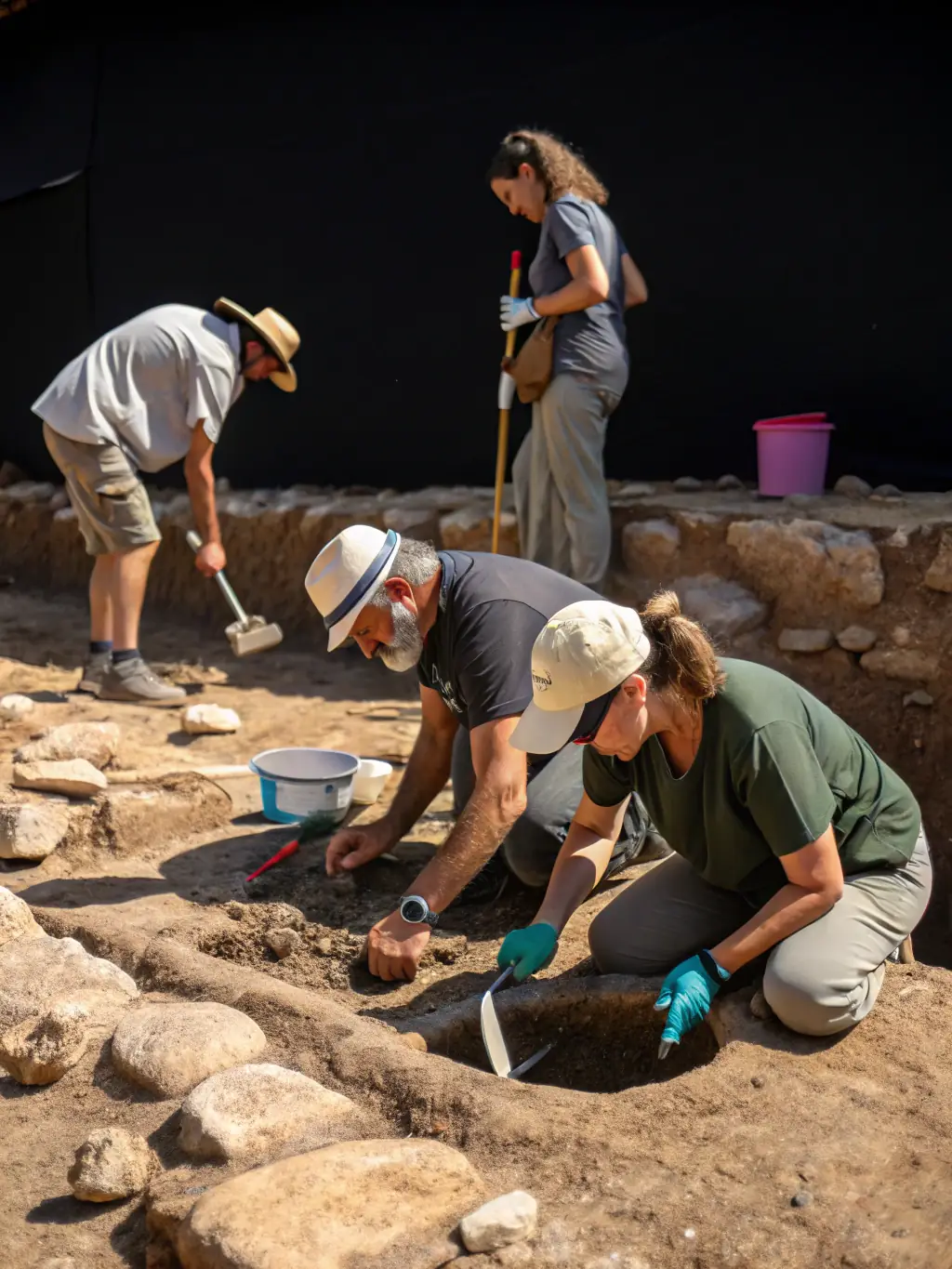 A photograph depicting volunteers carefully excavating a section of an archaeological site, uncovering ancient artifacts. The scene is bathed in natural light, highlighting the delicate work and the historical significance of the find. This image represents the hands-on archaeological work undertaken by ASSA.